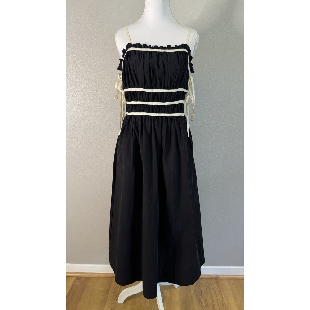 Wenrine Black Cotton French Girl Midi Dress Contrast Trim Pockets Romantic S